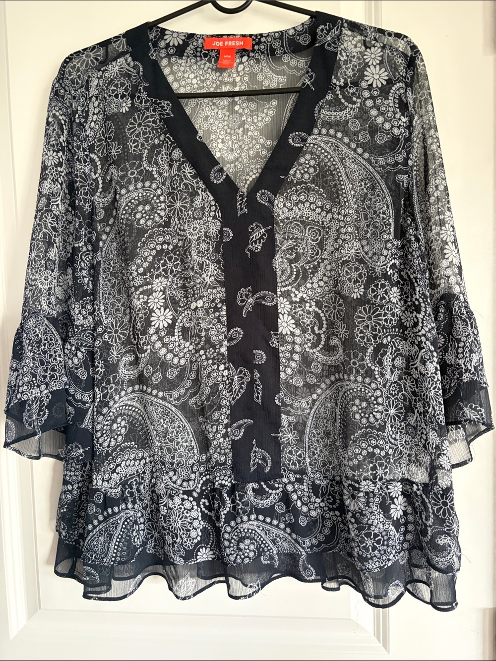 Joe Fresh Black & White Paisley V-Neck Sheer Tunic. A6